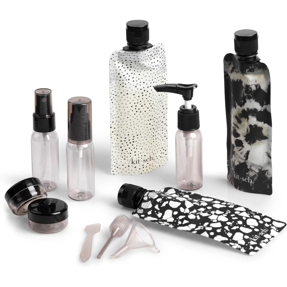 Kitsch ultimate travel bottles kit front view showing black and ivory containers grouped together