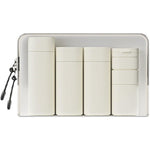 FANPOI 5 piece travel cream dispenser bottles set front view featuring beige silicone containers inside a transparent zipper bag.