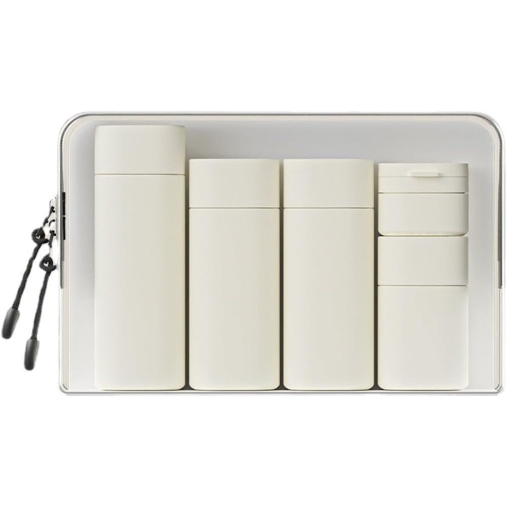 FANPOI 5 piece travel cream dispenser bottles set front view featuring beige silicone containers inside a transparent zipper bag.