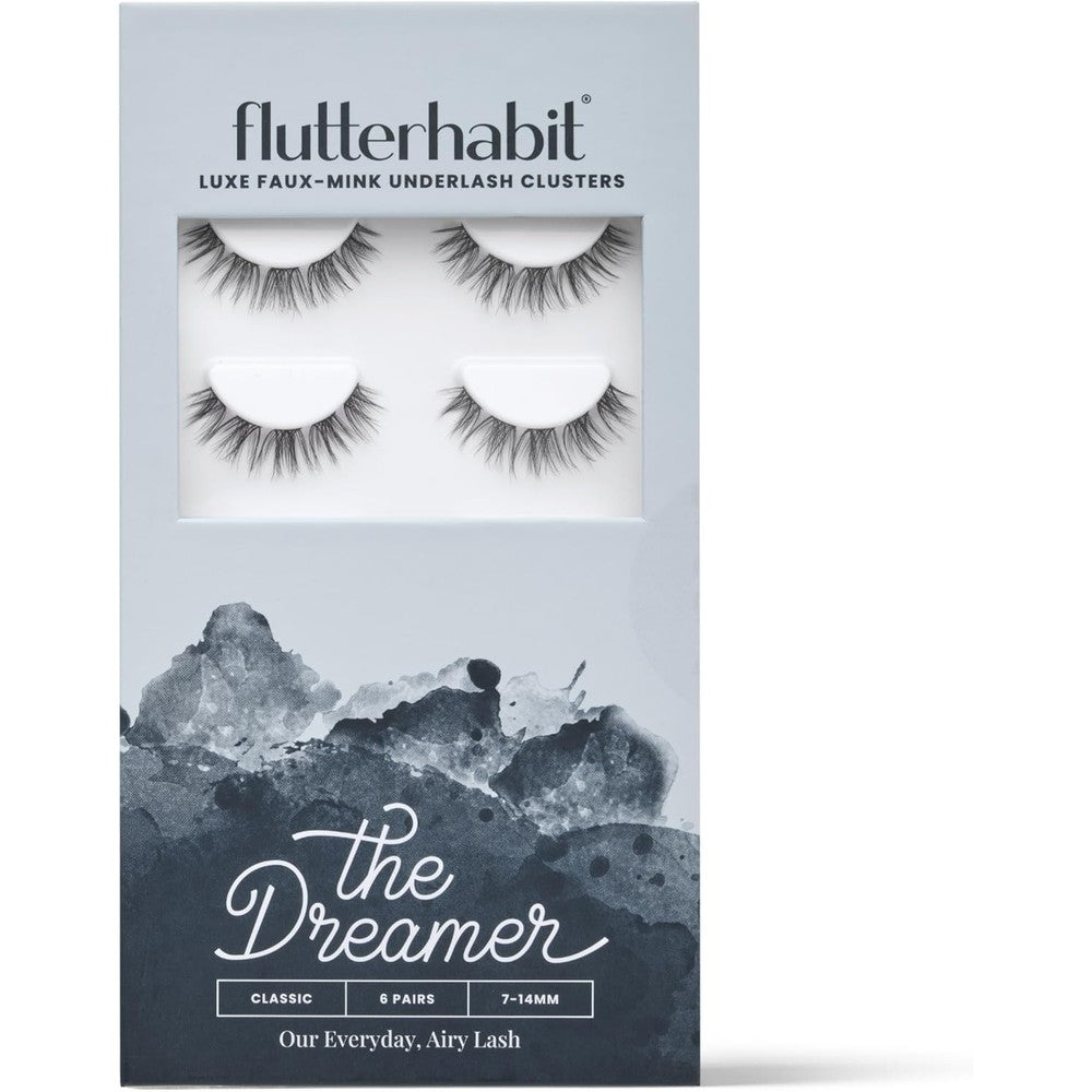 FlutterHabit The Dreamer Lash Starter Set front packaging view showing six pairs of faux mink underlash clusters