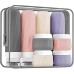 Mrsdry travel bottles for toiletries front view of silicone containers packed inside clear bag