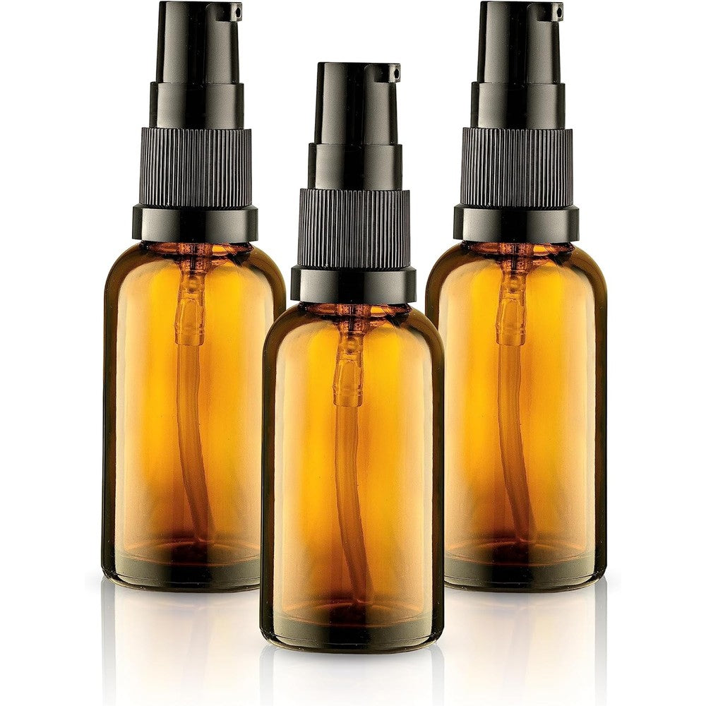 VitalUp empty refillable glass amber pump bottle pack front view on minimalist background for skincare storage