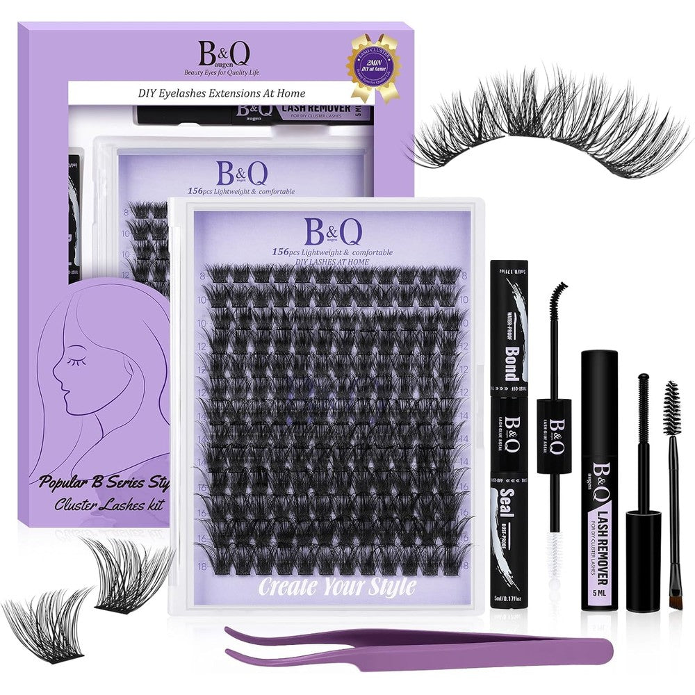 B&Qaugen Wispy Lash Clusters Kit B02 front view showing the full layout of one hundred fifty six individual eyelash extension pieces.