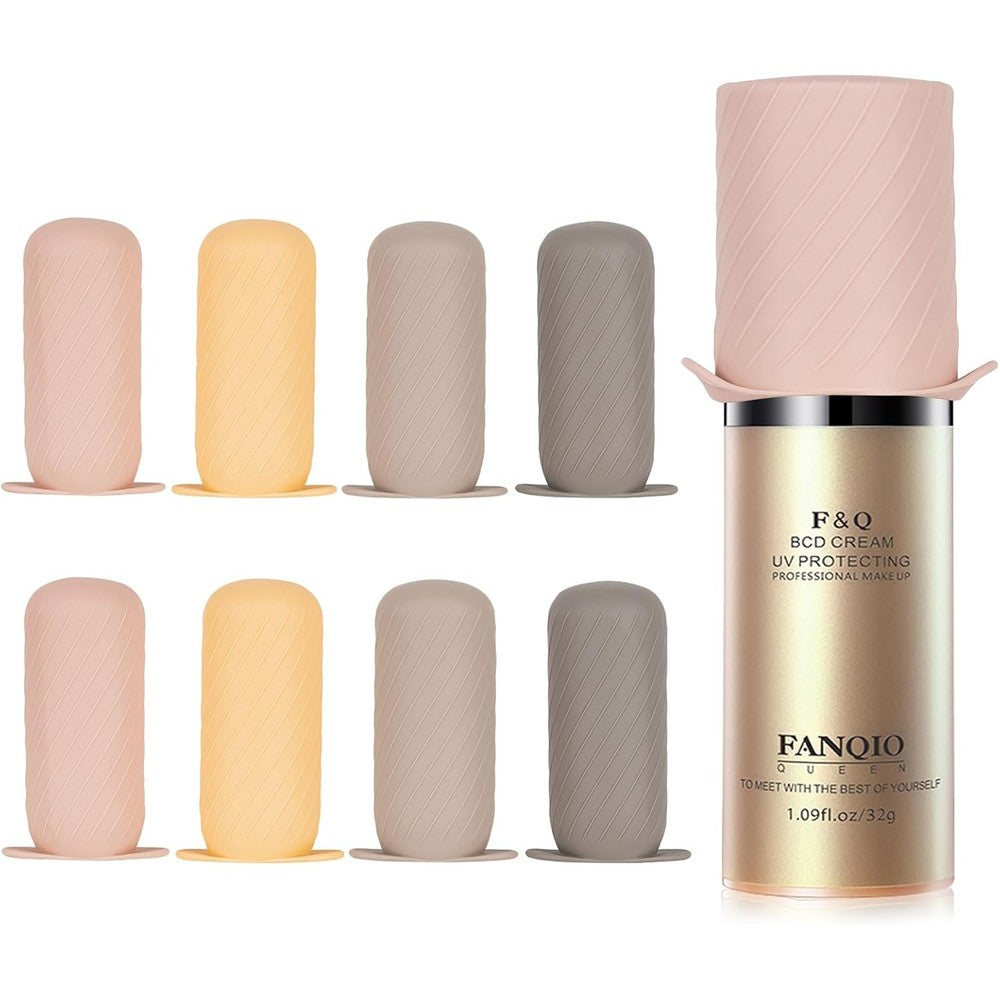 Mrsdry bottle covers for travel front view showing apricot silicone elastic sleeves stretched over a shampoo container