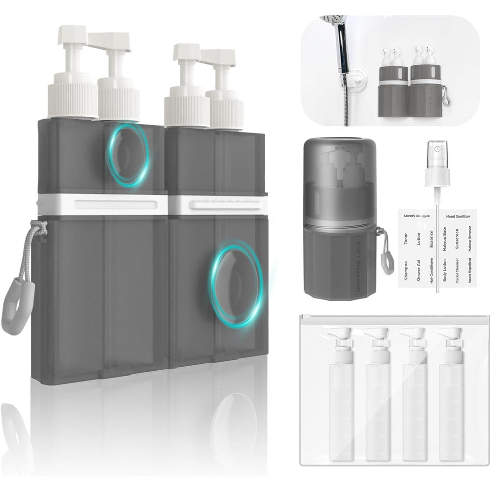 YOTIME 4 in 1 Travel Bottles Set front view showing the compact gray chassis and outer packaging.