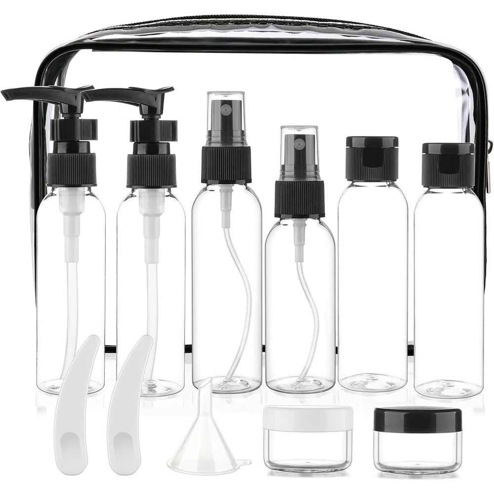 Cosywell travel size bottles for toiletries 13 pack front view showing clear containers in zippered bag