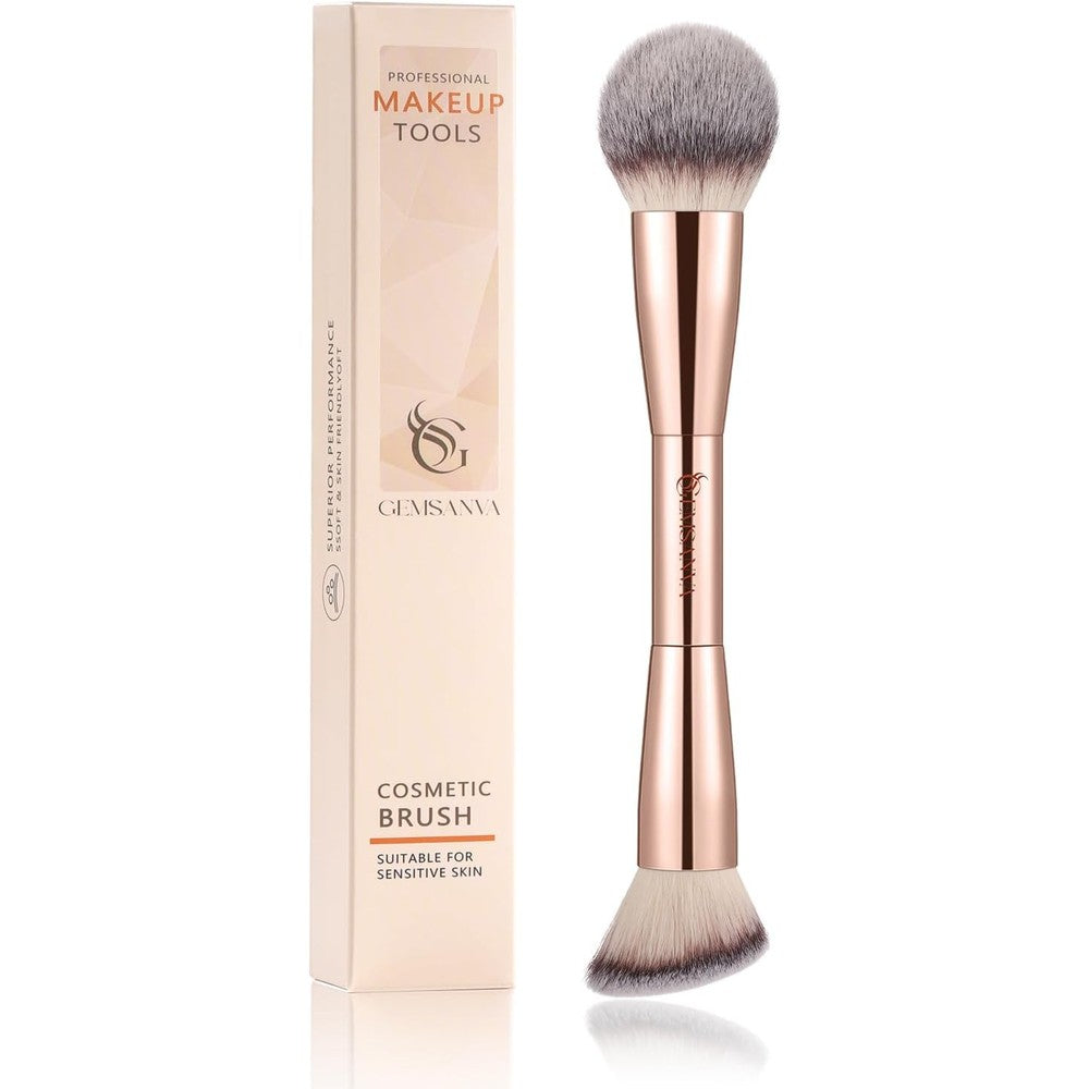 Gemsanva dual ended makeup contour brush front view showing the gold handle
