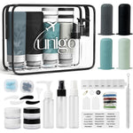 Unigo travel bottles toiletries set front view with gray silicone containers