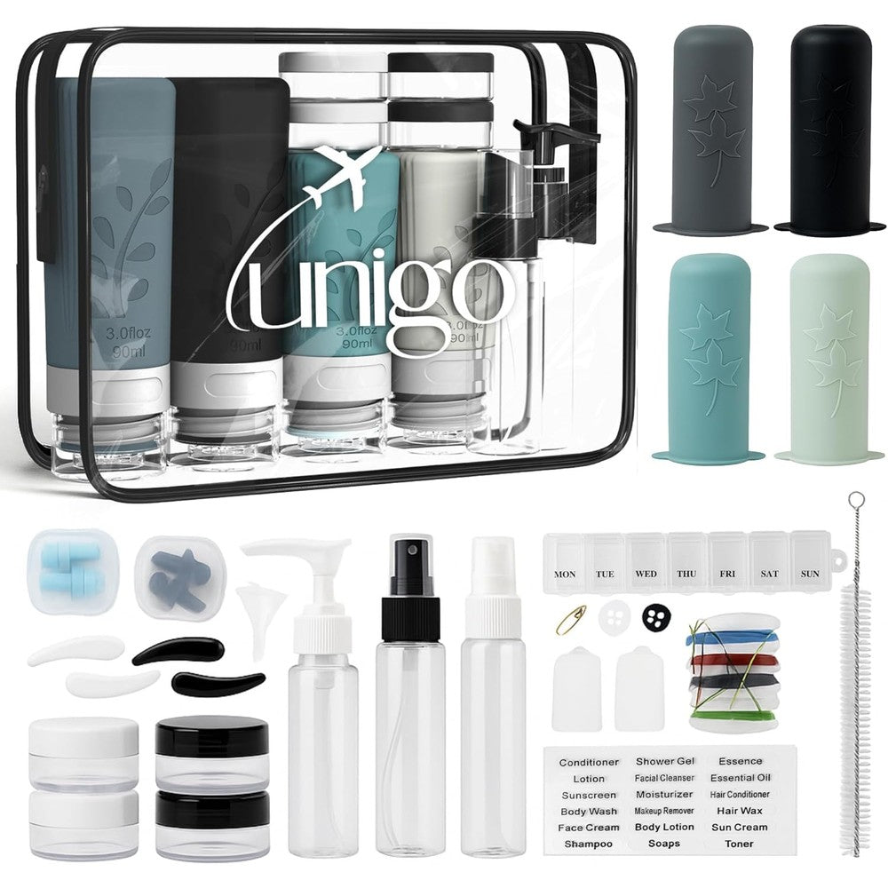 Unigo travel bottles toiletries set front view with gray silicone containers