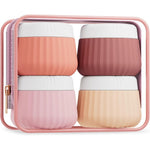 Mrsdry travel containers for toiletries four pack front view featuring four colorful silicone jars inside a clear zipper bag.
