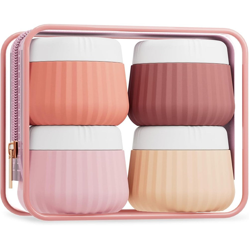 Mrsdry travel containers for toiletries four pack front view featuring four colorful silicone jars inside a clear zipper bag.