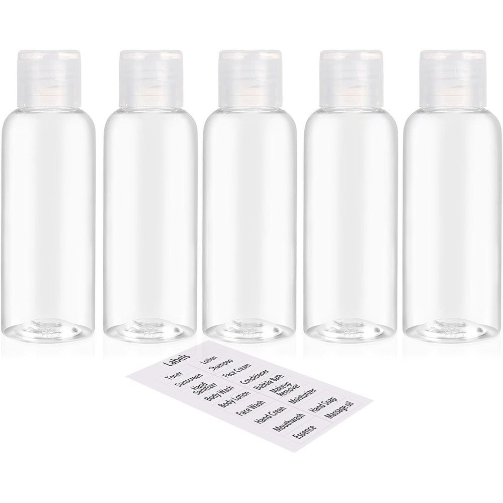 DNSEN clear plastic travel bottles five pack front view filled with colorful lotions