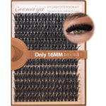 Geeneiya 16mm Volume Lash Clusters Kit front packaging view with tray of individual eyelash extensions.