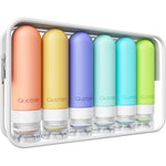 Quatish travel bottles six pack front view showcasing colorful leakproof silicone containers