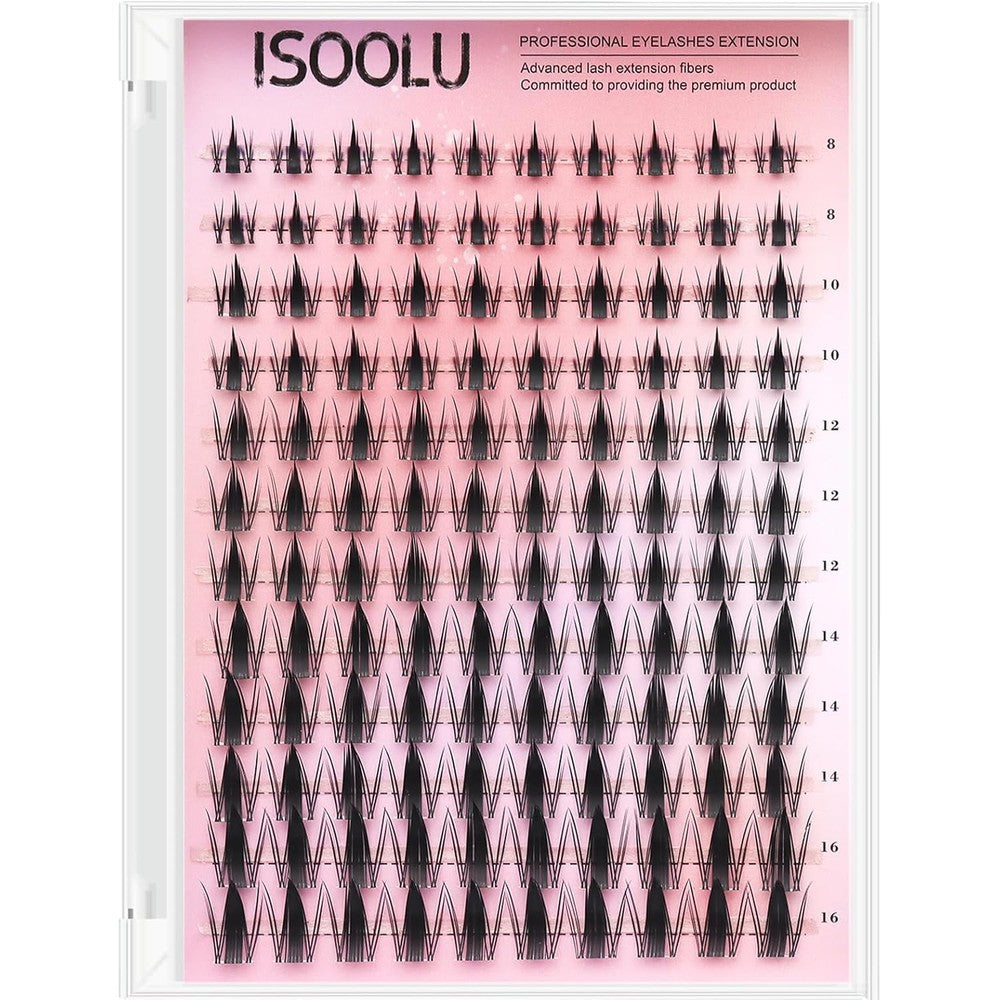 ISOOLU Fairy Lash Clusters Manga Individual Lashes Kit front view showing the mixed tray and bond and seal tools.