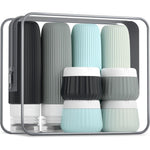 Mrsdry 8 pack travel bottles front view showing four colorful silicone squeeze tubes and four cream jars arranged neatly inside the transparent zippered bag.