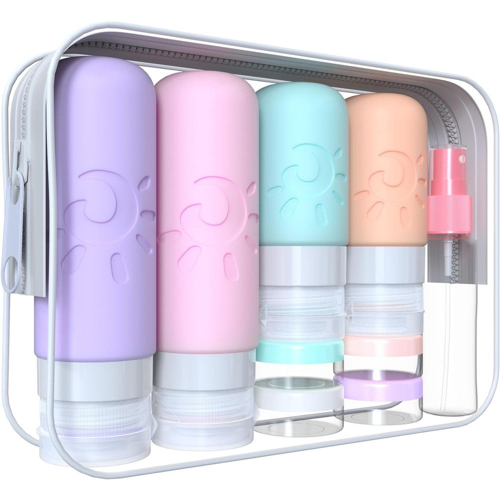 Zafit 18 pack silicone travel bottles for toiletries front view of multicolored set packed inside a clear zippered bag