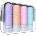 Zafit travel bottles for toiletries front view of four multicolored silicone containers in a clear pouch