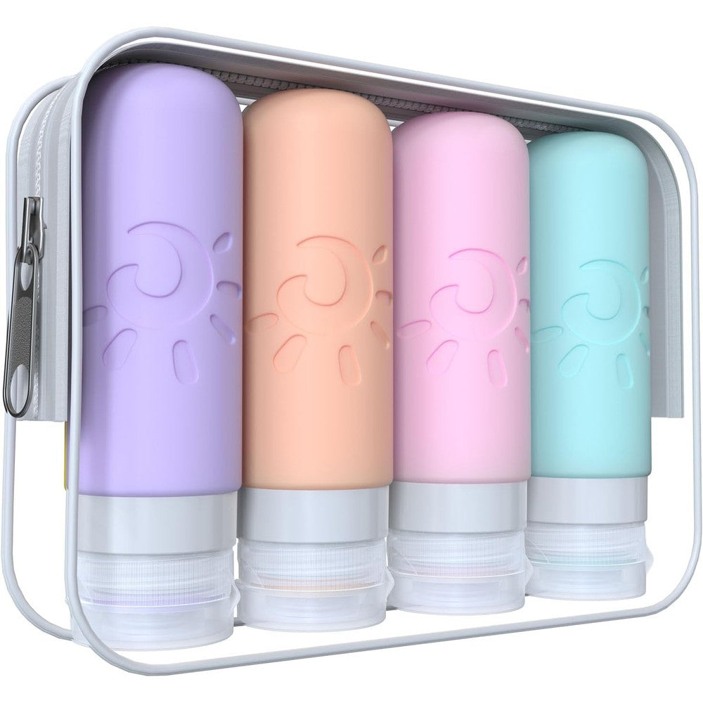 Zafit travel bottles for toiletries front view of four multicolored silicone containers in a clear pouch