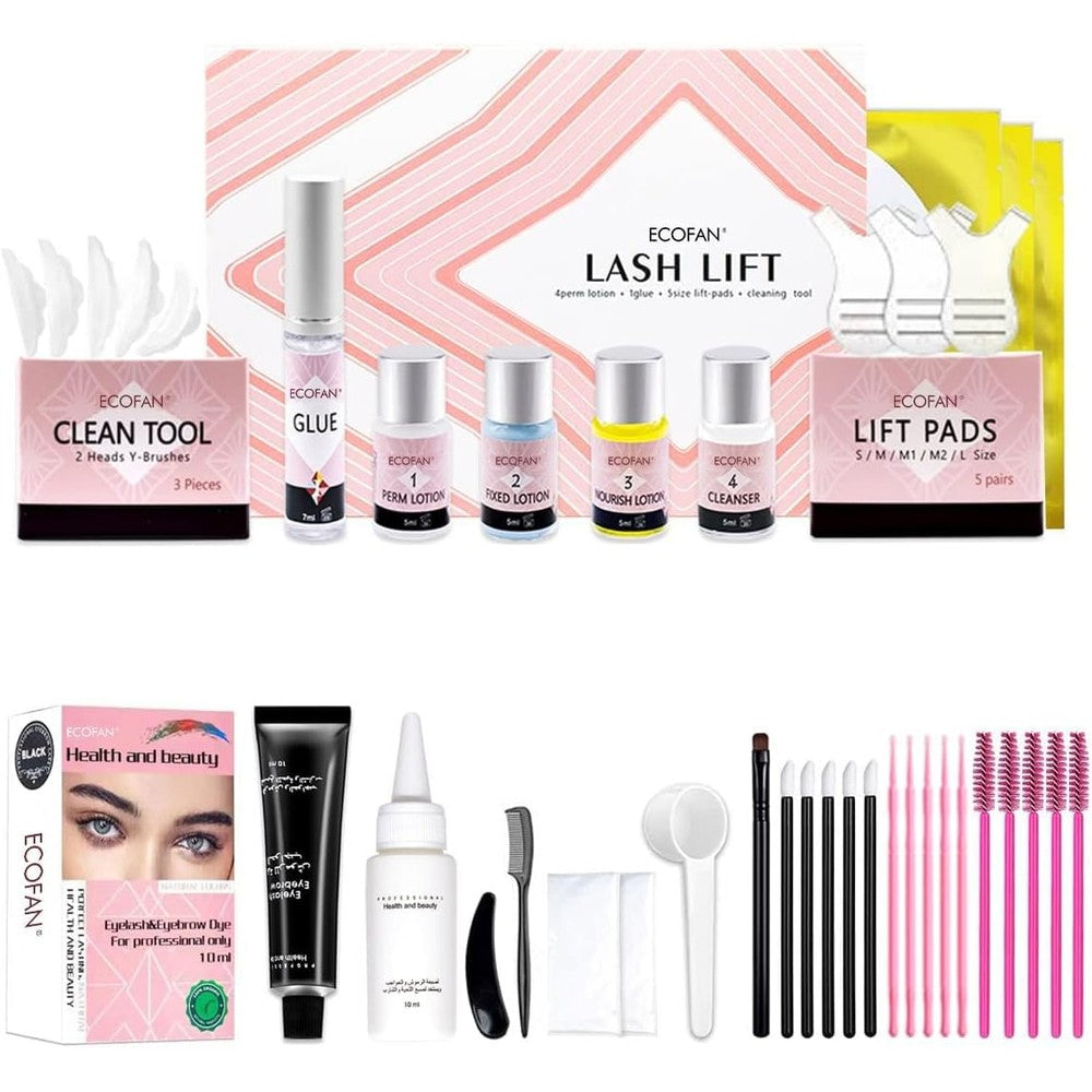 Ecofan Lash Lift and Black Kit front view packaging containing perming lotions and brushes.