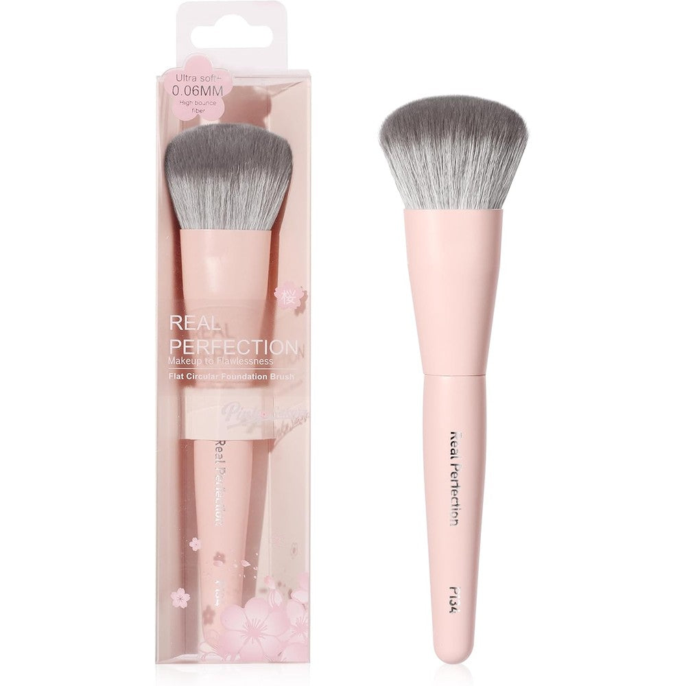 Real Perfection Buffing Foundation Brush front view showing the pink handle and dense synthetic bristles