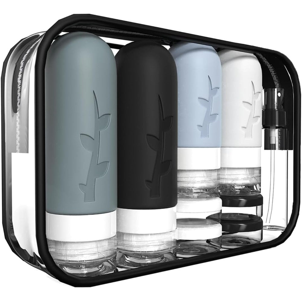 Tocelffe 18 piece silicone travel bottles set front view with clear waterproof bag