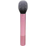 Real Techniques Ultra Plush Blush Makeup Brush front view showcasing the large domed pink synthetic bristles and metallic handle