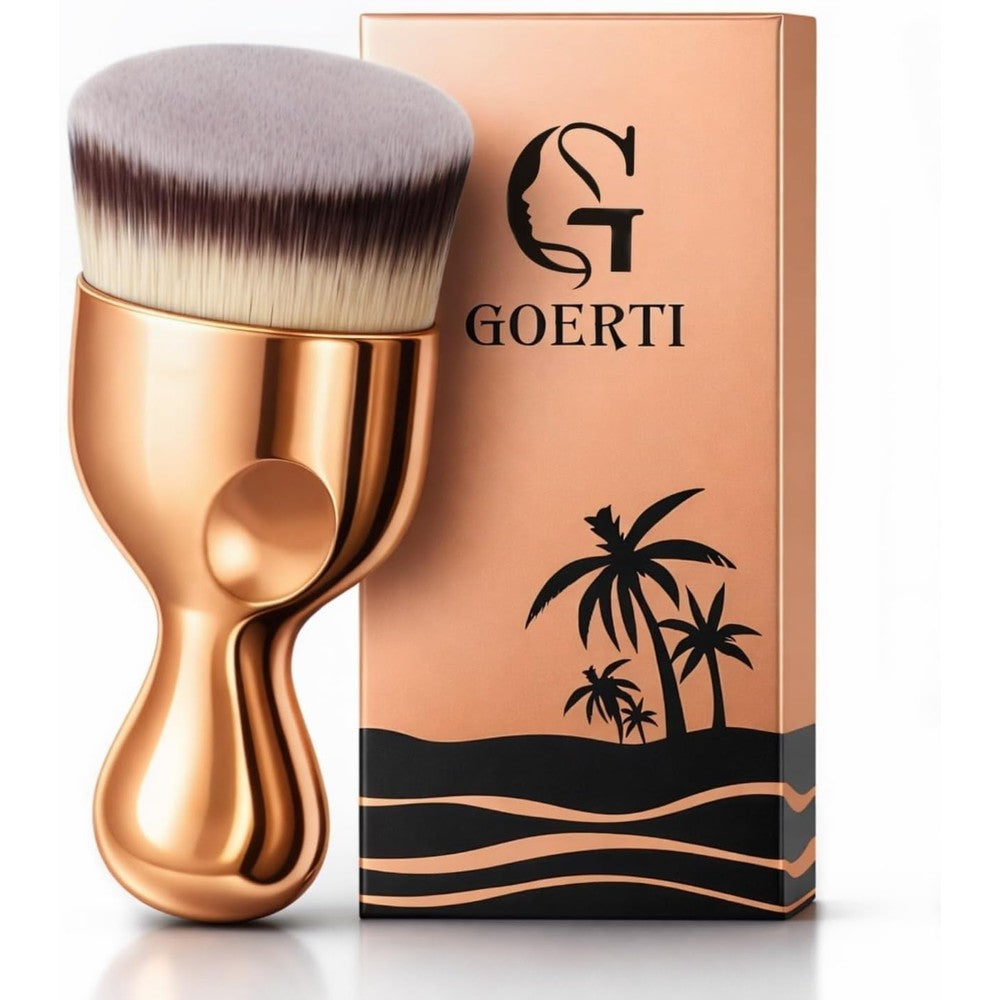 GOERTI Angled Kabuki Brush front view showing dense bristles and rose gold handle