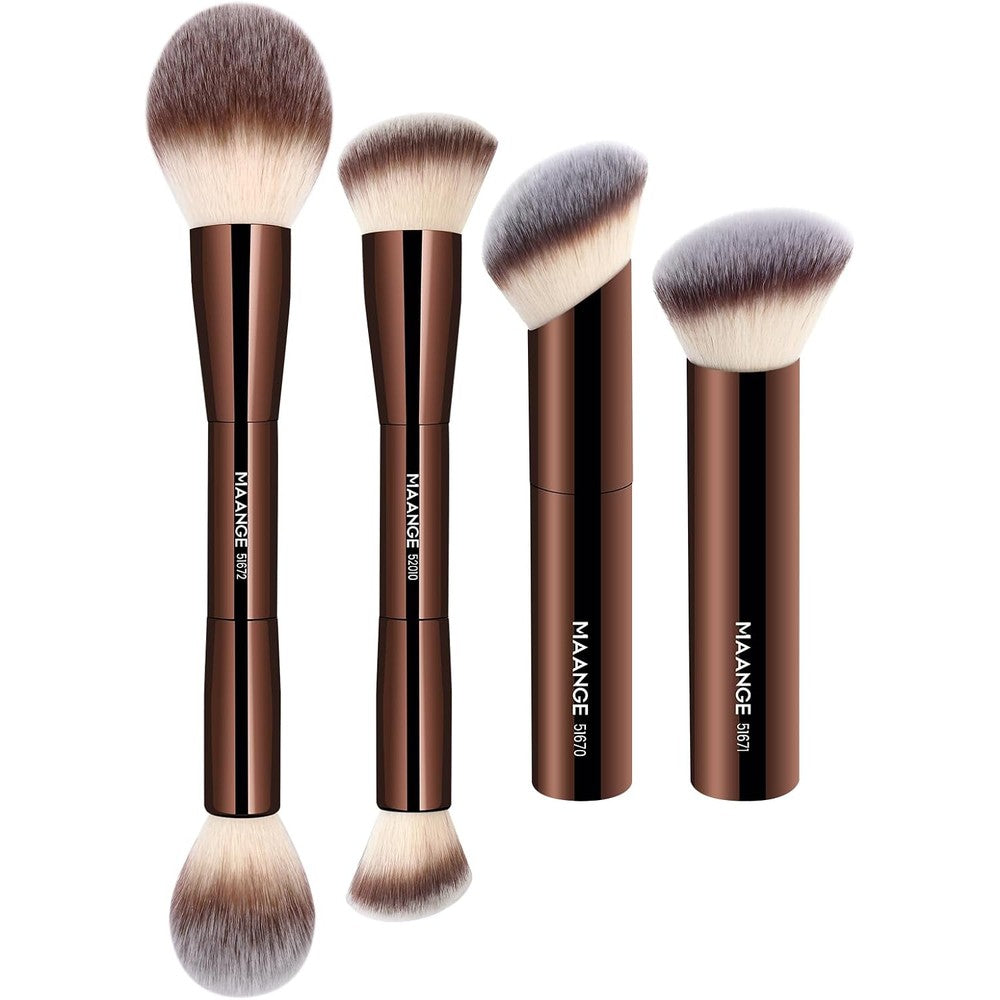 MAANGE 4 piece double-ended makeup brush set front view showing coffee brown synthetic bristles