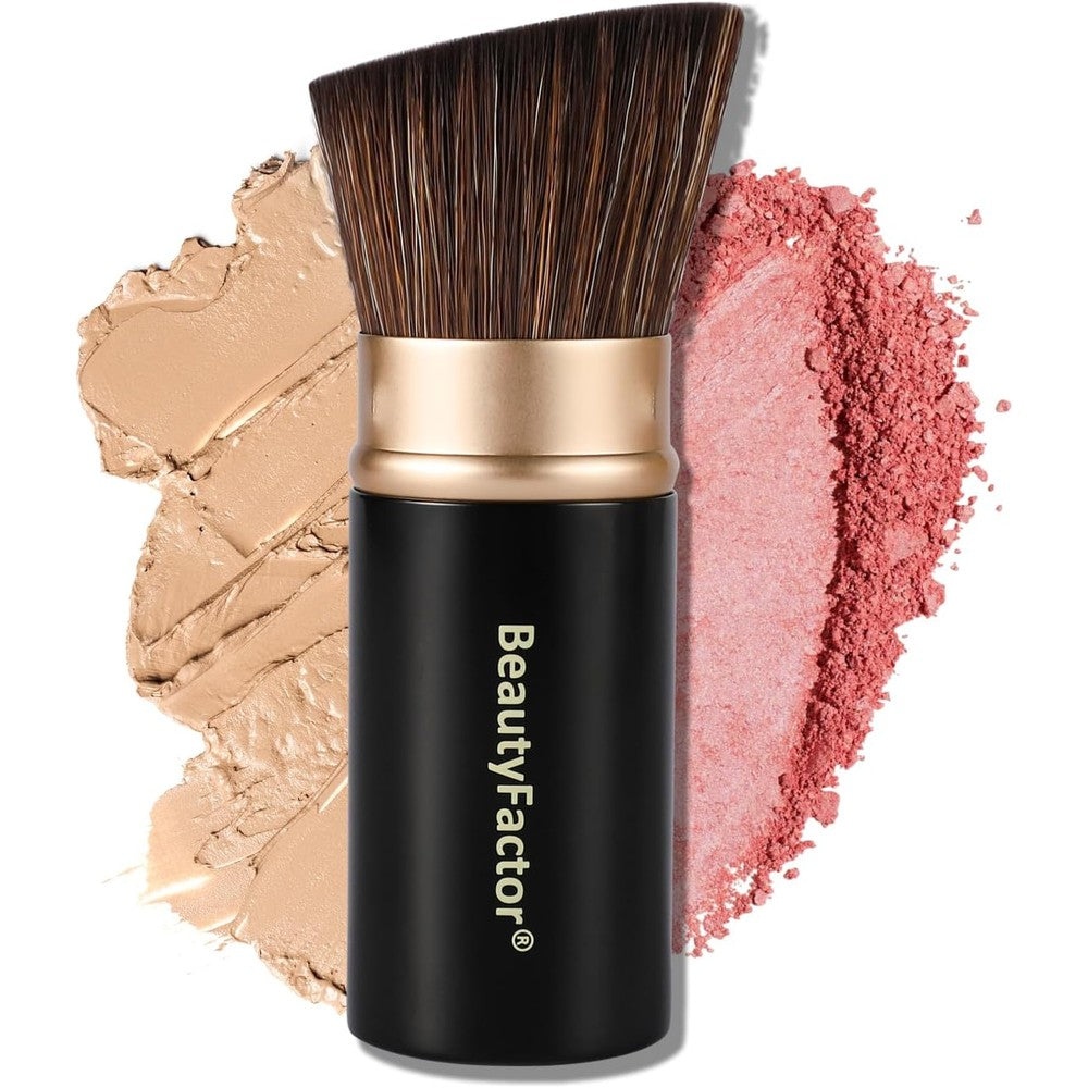 Beautyfactor Jolie Retractable Kabuki Makeup Brush front view showcasing the gold accented black aluminum handle.