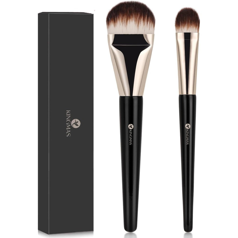 KINGMAS 2Pcs Flat Foundation Brush front view of the two piece black and gold makeup brush set
