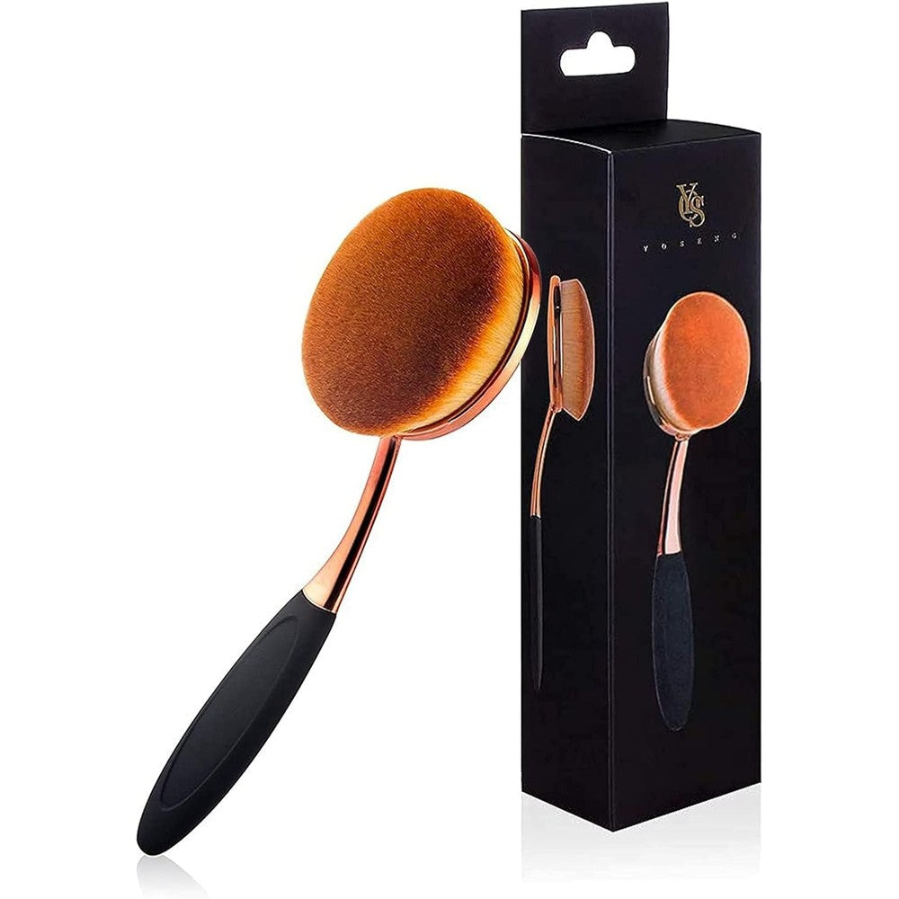 Yoseng oval foundation brush front view showing dense synthetic bristles and sleek rose gold detailing.