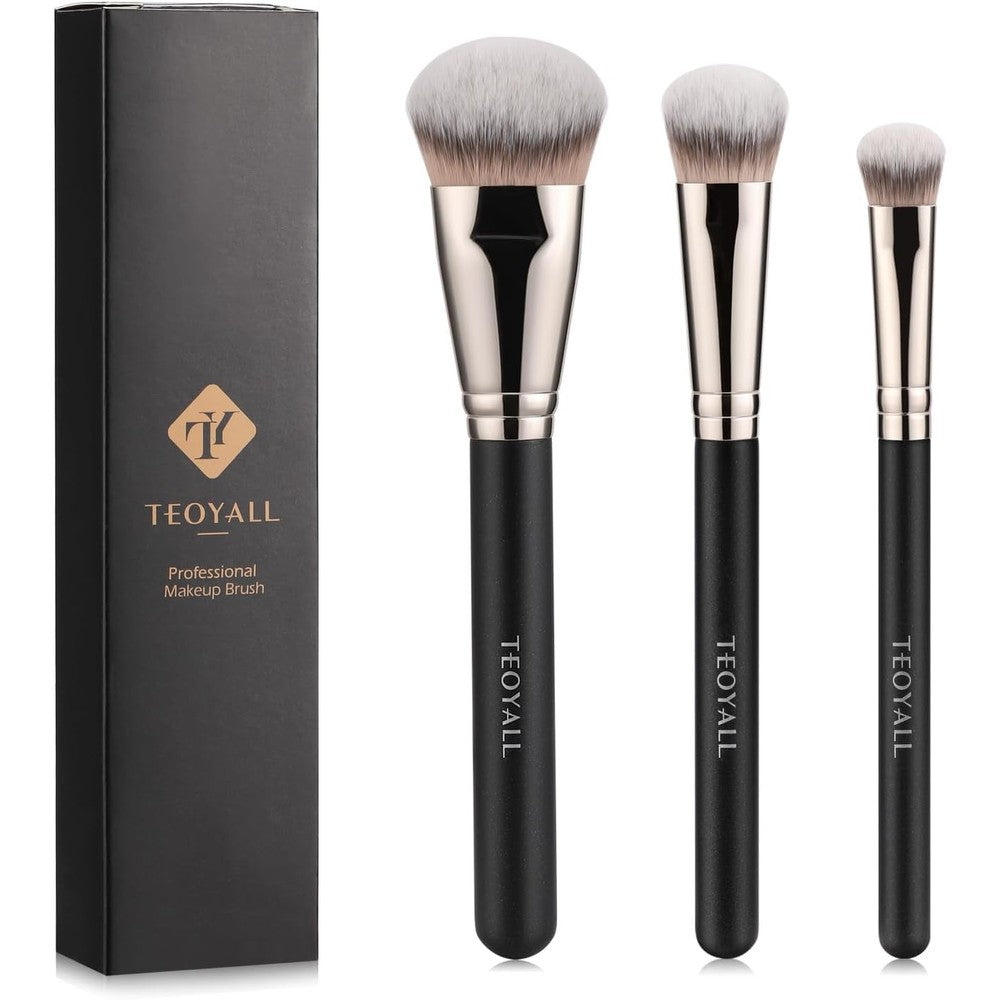 TEOYALL Flat Angled Makeup Brushes front view showing three piece set with dense synthetic bristles
