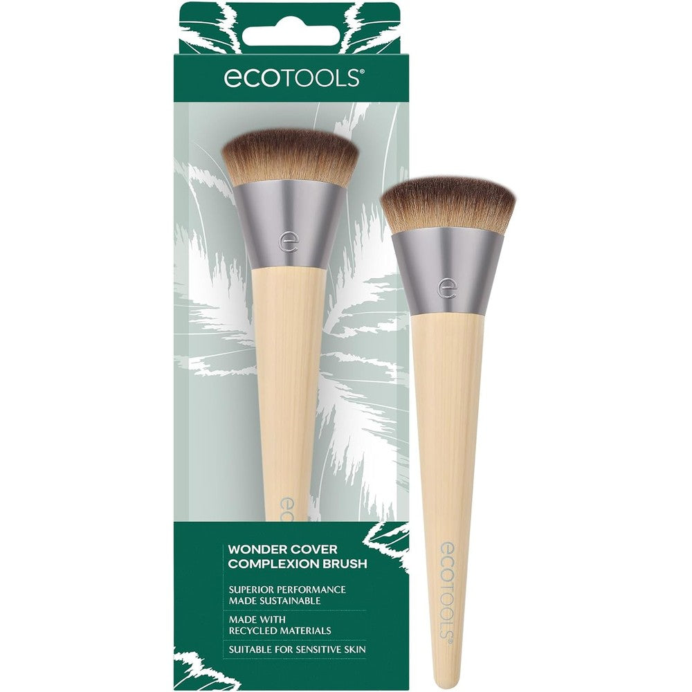EcoTools Wonder Cover Complexion Brush front view showcasing dense oval synthetic bristles and sustainable bamboo handle.