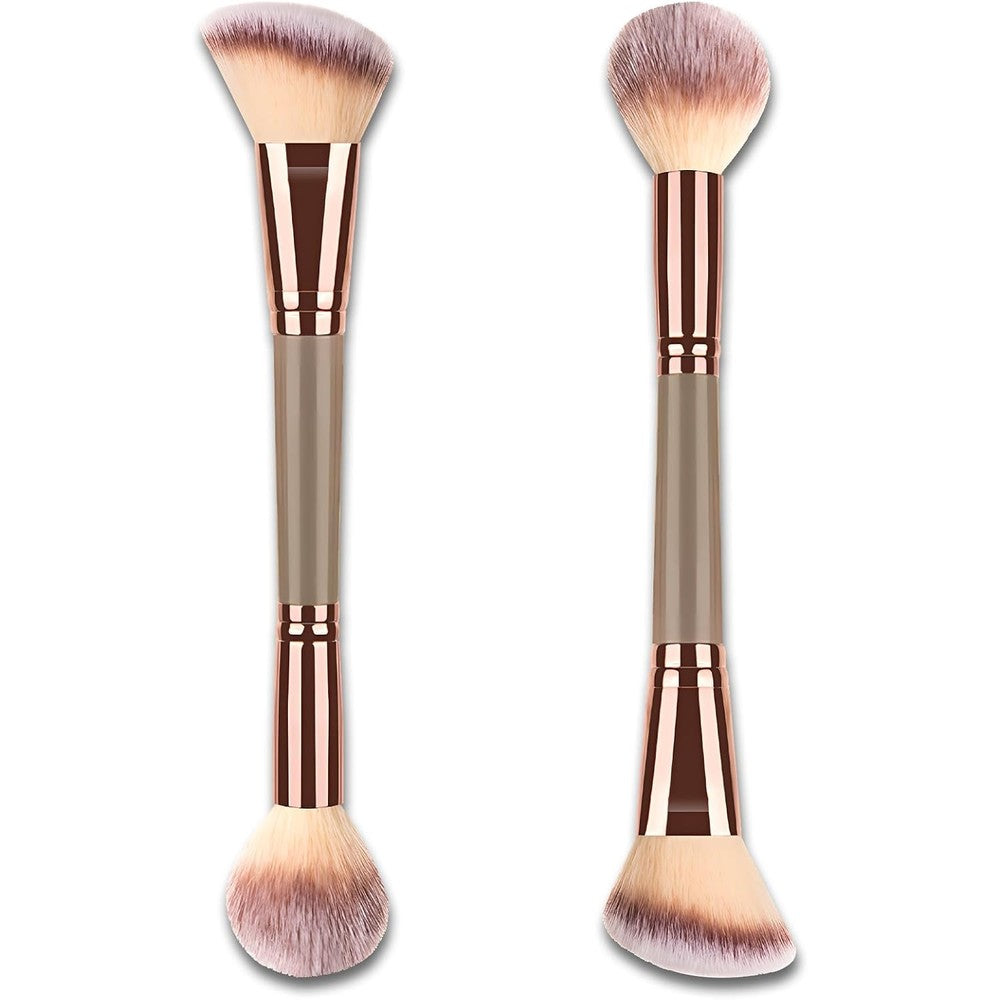 LEEQ Jaasuee double ended foundation makeup brush front view featuring angled and round synthetic heads