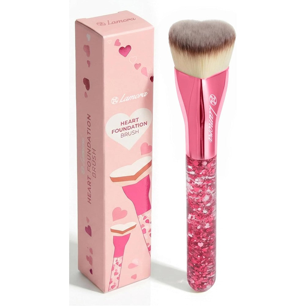 Lamora Blending Liquid Makeup Foundation Brush front view showing dense pink heart shaped synthetic bristles.
