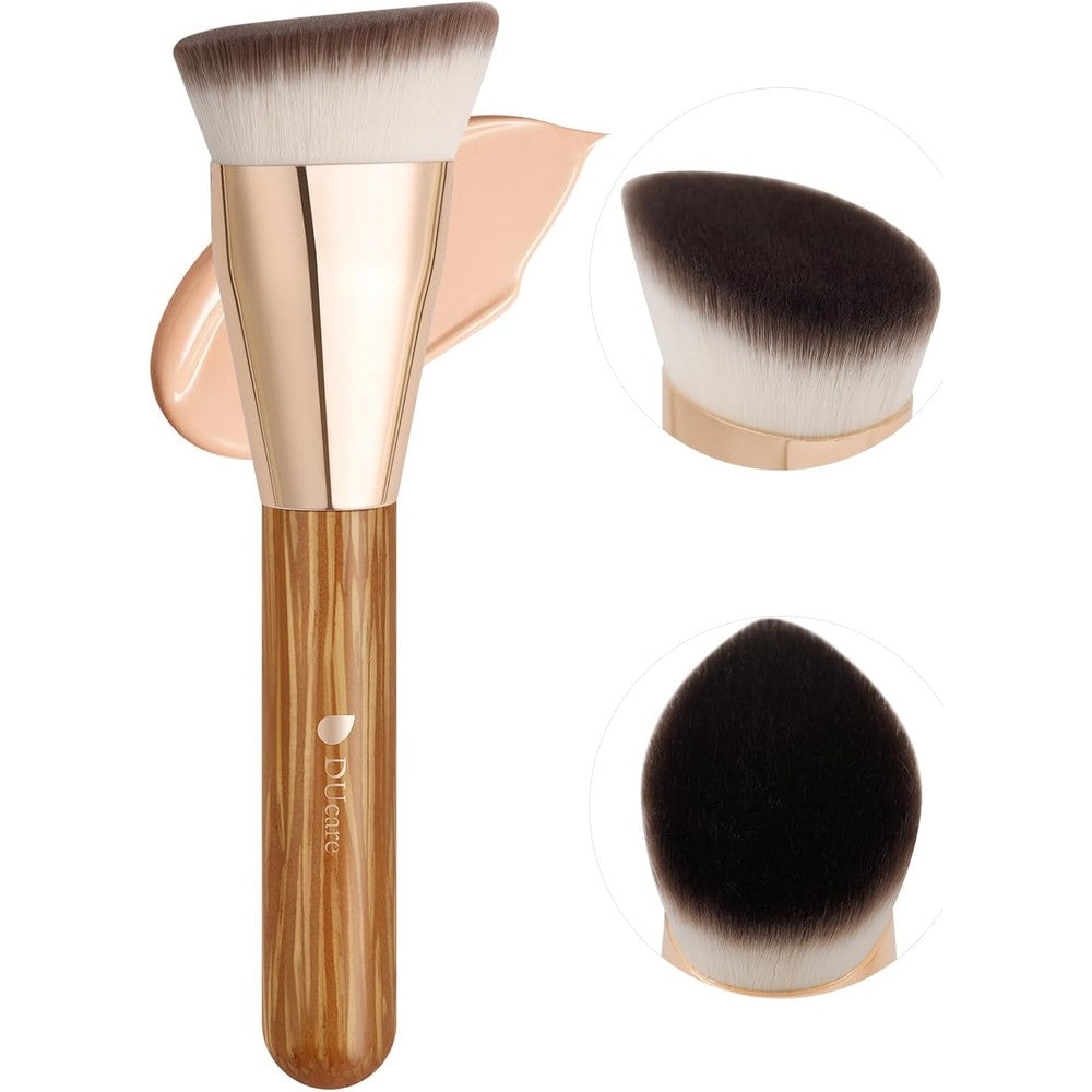 DUcare angled foundation brush front view showing dense brown synthetic bristles and dark wooden handle.