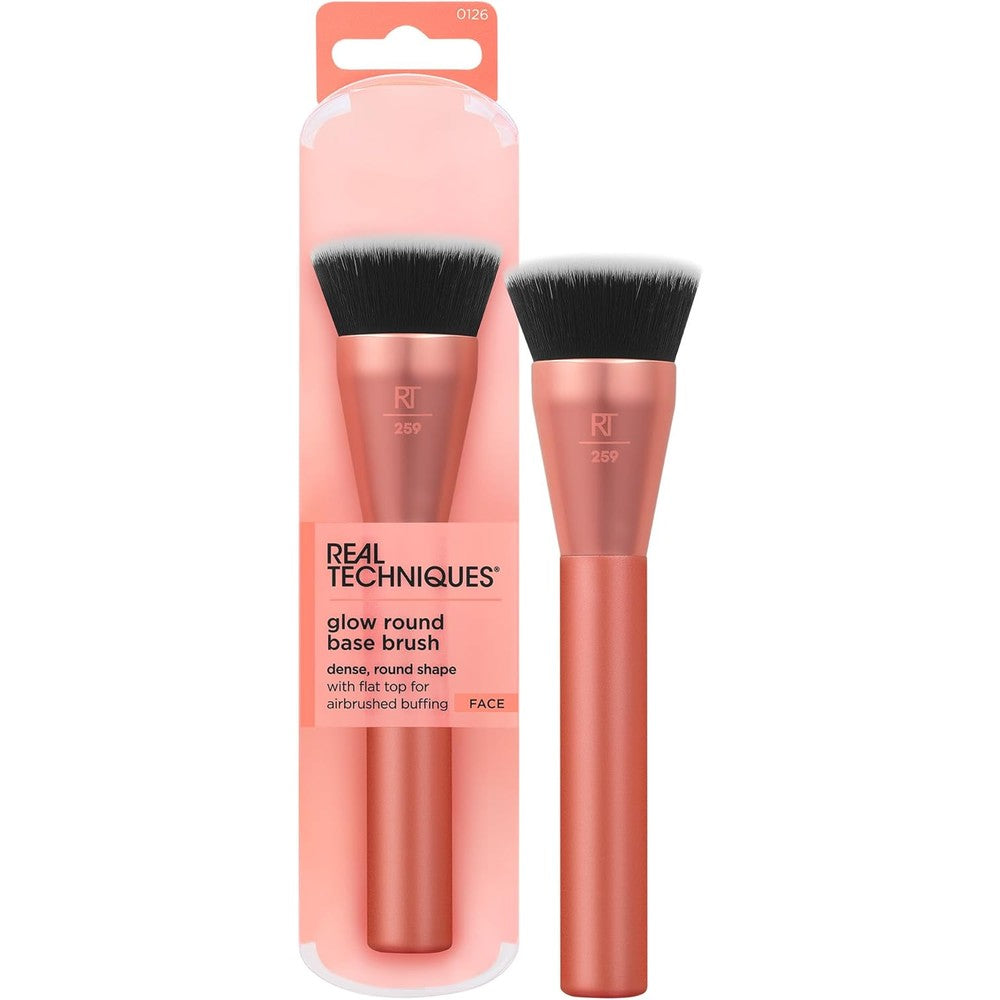 Real Techniques Glow Round Base Makeup Brush front view showcasing the dense flat-top synthetic bristles