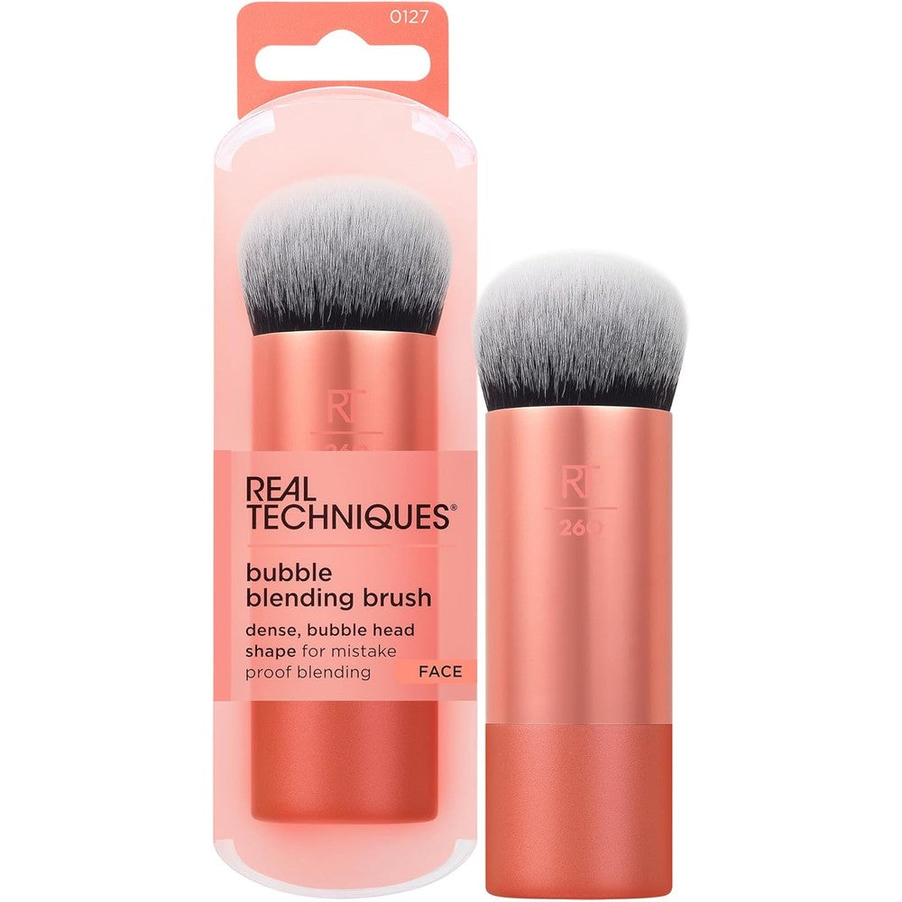 Real Techniques Bubble Blending Makeup Brush front view showcasing the dense round synthetic bristle head