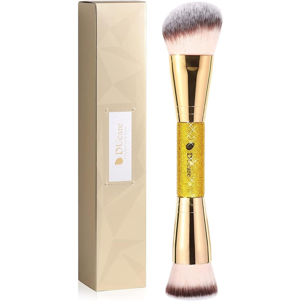 DUcare double ended foundation and contour brush front view displaying gold glitter handle