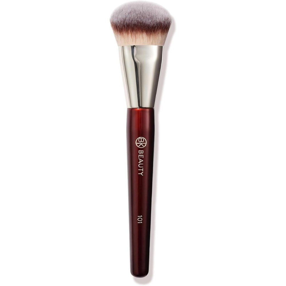 BK Beauty 101 Contoured Foundation Brush front view showing dense red handle and angled synthetic bristles.