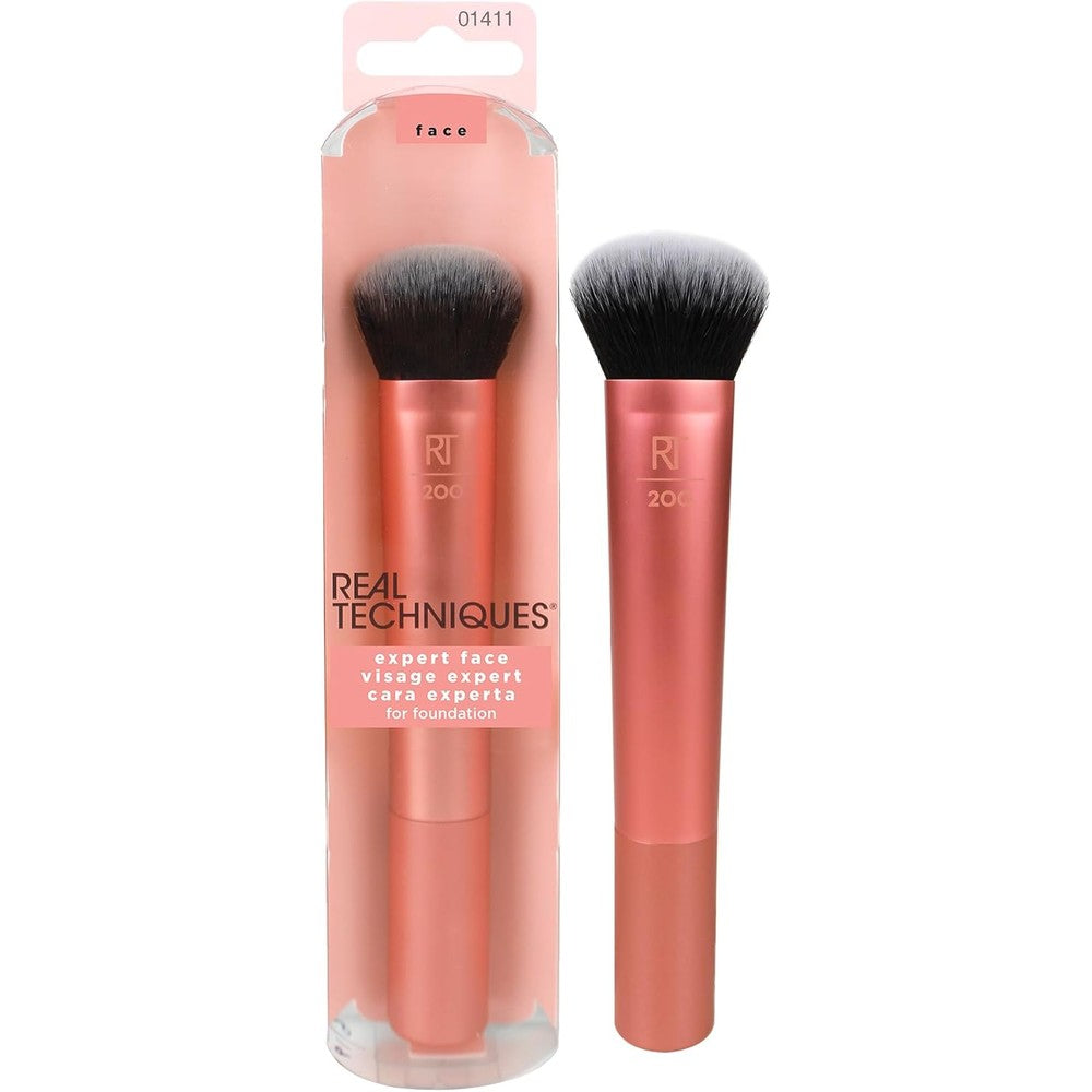 Real Techniques Expert Face Foundation Makeup Brush front view showing dense orange bristles
