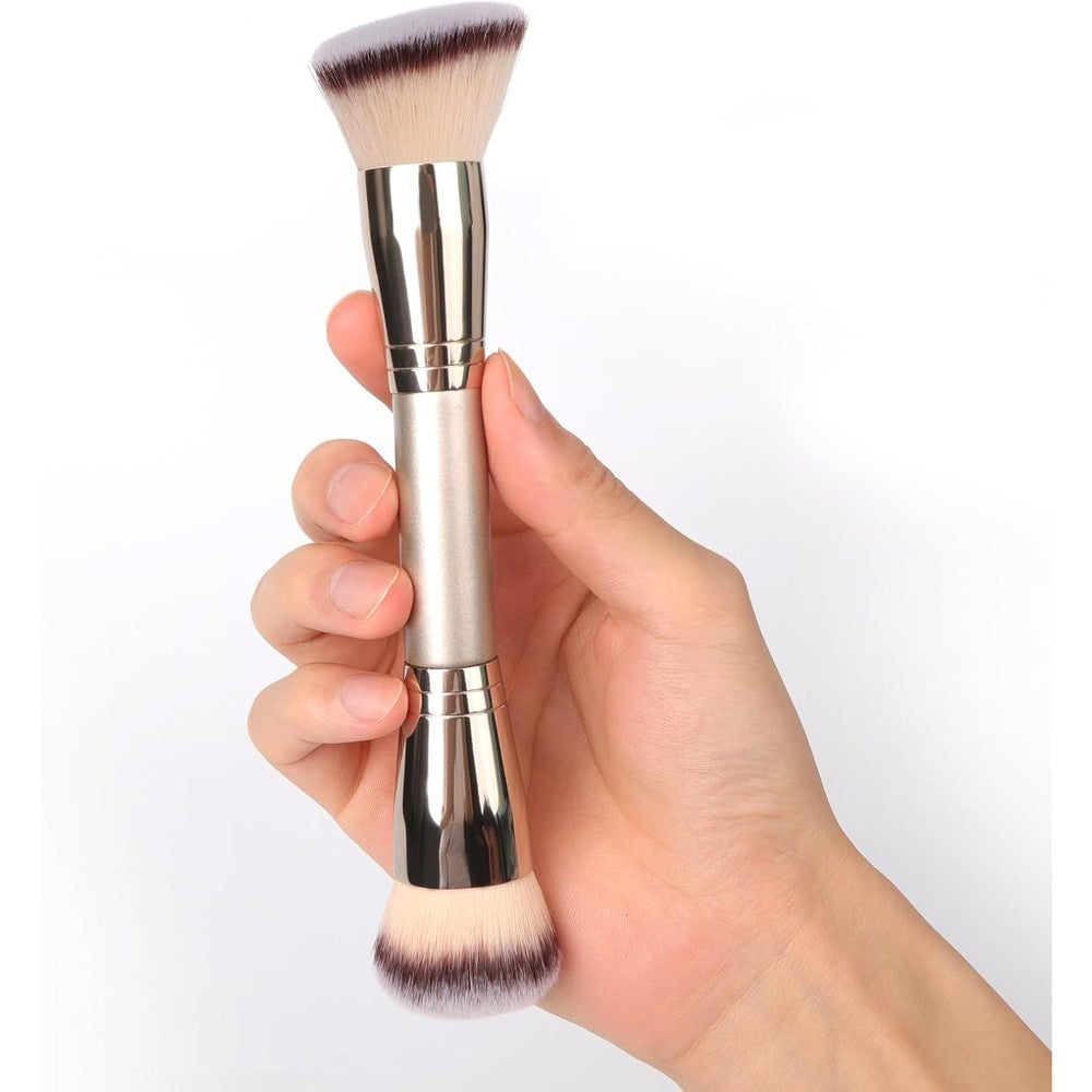 Dpolla dual-ended foundation brush front view showing silver metallic handle