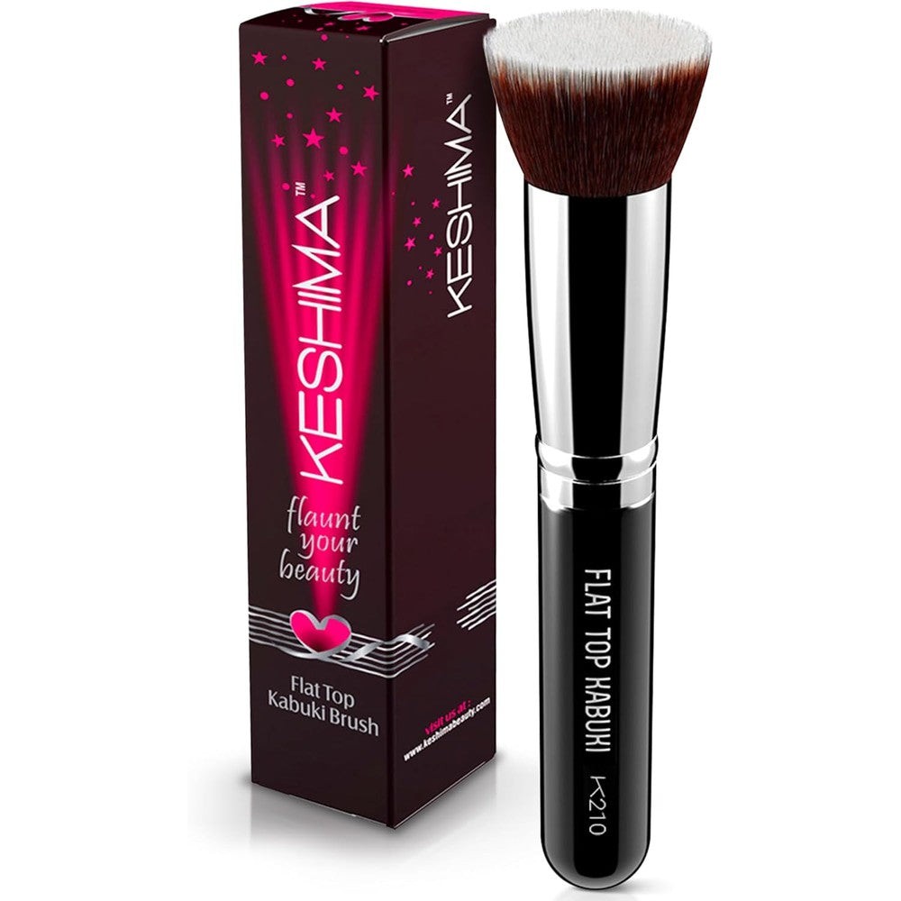 KESHIMA Flat Top Kabuki Foundation Brush front view showing dense black synthetic bristles