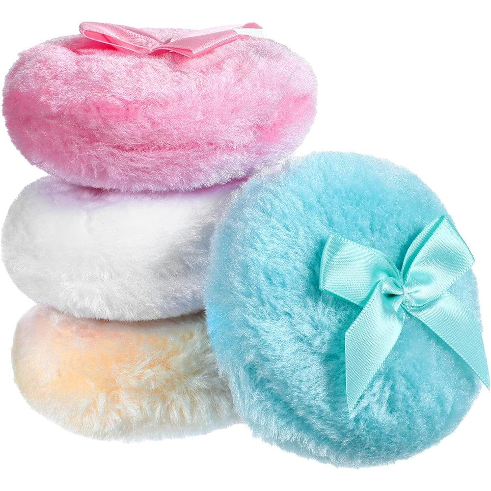 WJIAAA large fluffy body powder puff four piece set front view showing pastel colors and satin ribbon handles.