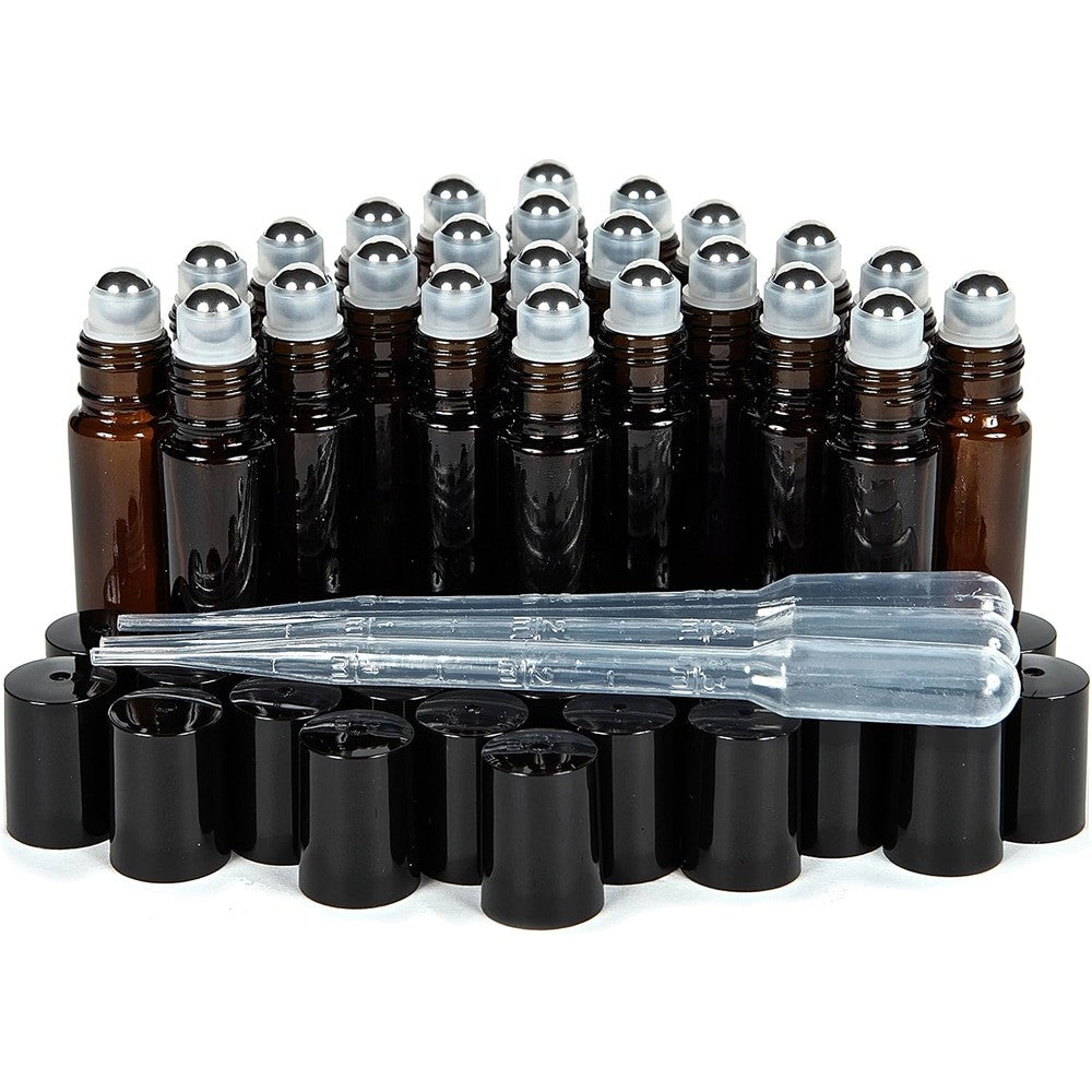 Vivaplex 24 pack amber glass roll on bottles with stainless steel balls and 3ml droppers