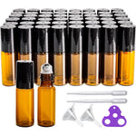 PYAWI 50 pack 5ml amber glass roller bottles with black caps and steel balls