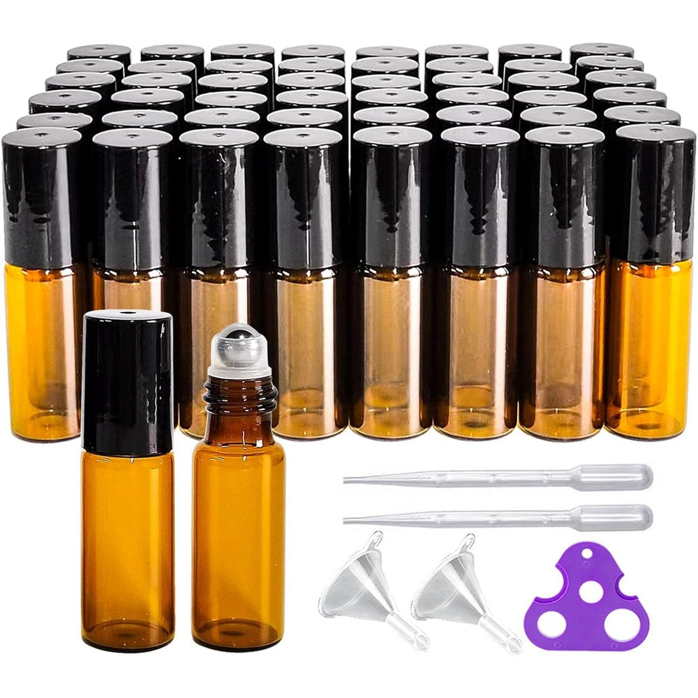 PYAWI 50 pack 5ml amber glass roller bottles with black caps and steel balls