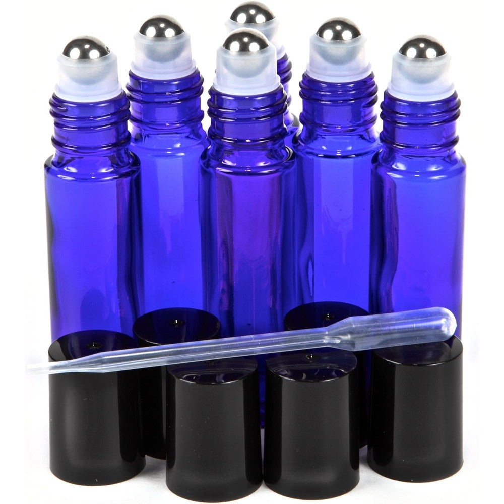 Vivaplex cobalt blue 10ml glass roll on bottles with stainless steel balls and 0.5ml dropper