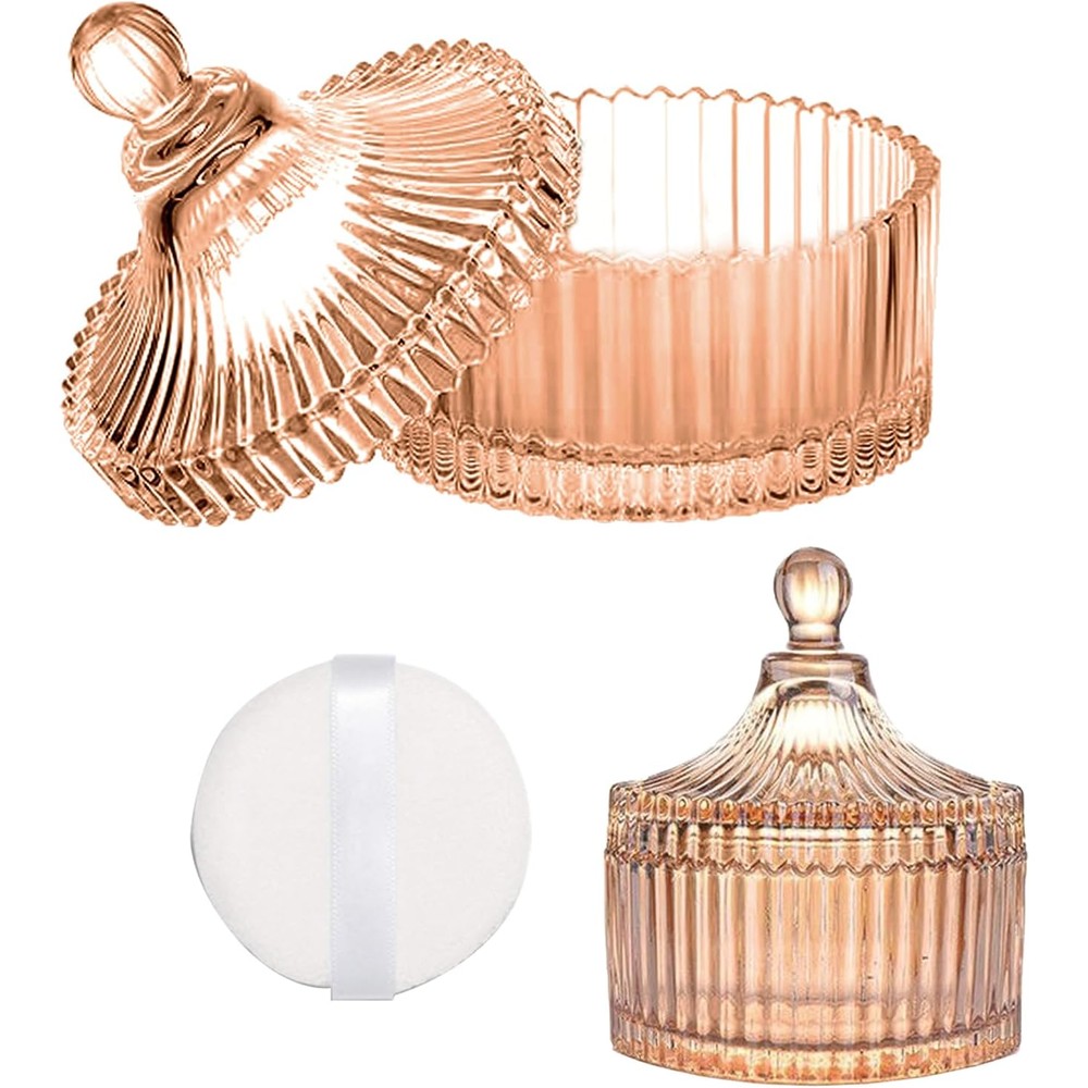 JHJEWH Tokusatsu body powder puff and glass container set front view showcasing the champagne color jar
